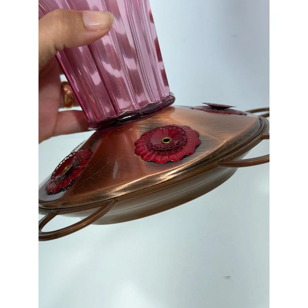 Vintage Style Amethyst Purple Glass Hummingbird Feeder Copper Metal Base 8.5